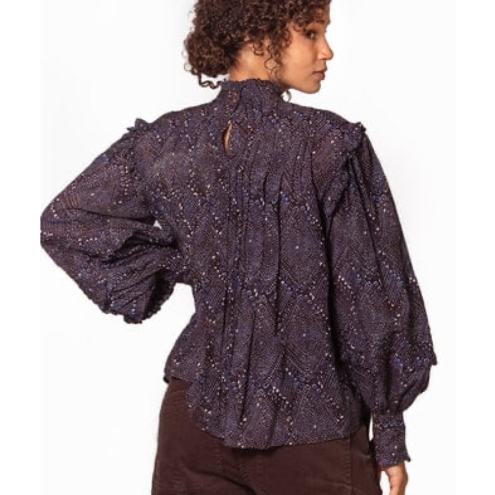 Ulla Johnson Sigrid Blouse In Indigo Diamond Size 0 Boho Puff Sleeve NWOT - Picture 2 of 11